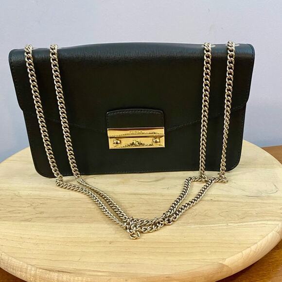 FURLA Metropolis Chain Black Leather Front Plate Logo Small Size Crossbody Bag - Picture 8 of 16